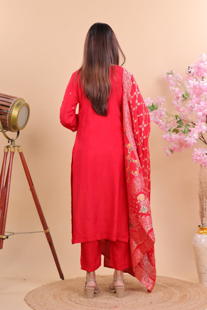 Luxury Red Silk Suit with Zari Embroidery and Dupatta