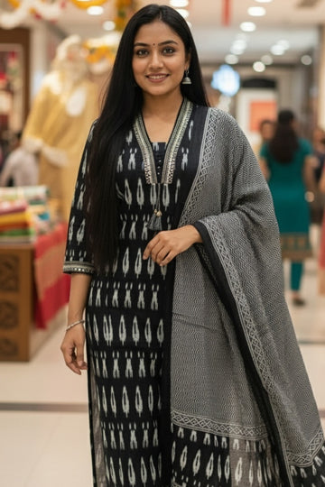 Black Monochrome Ikat Cotton Kurta Pant Set with Matching Dupatta