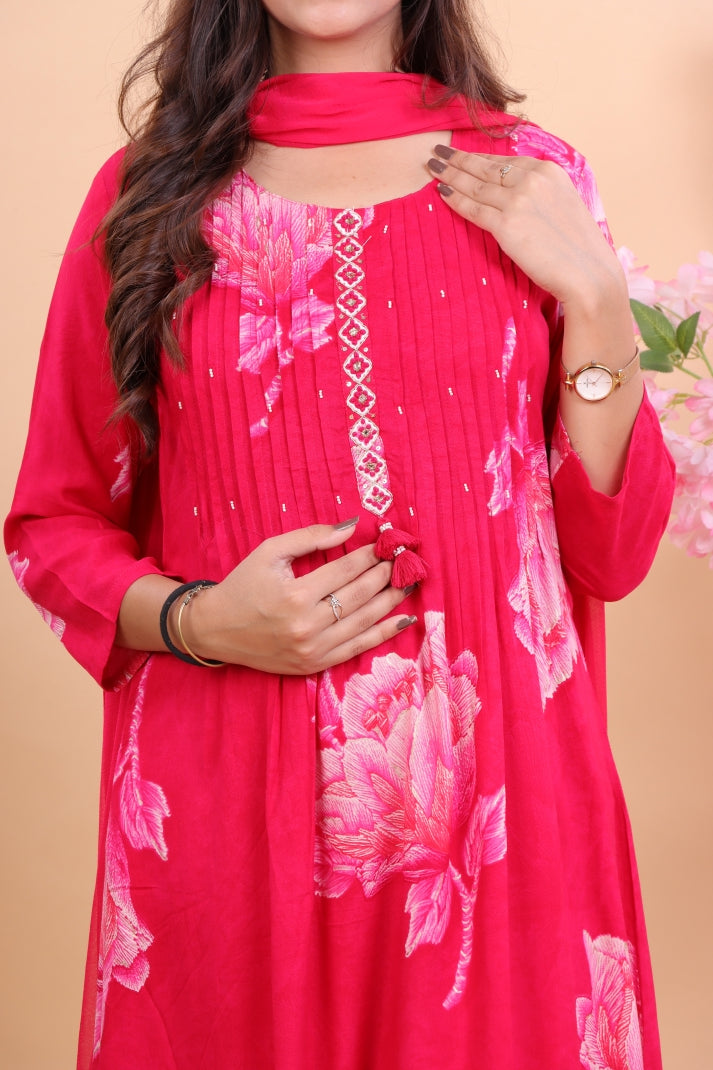 Radiant Magenta Rayon Floral Suit Set with Dupatta