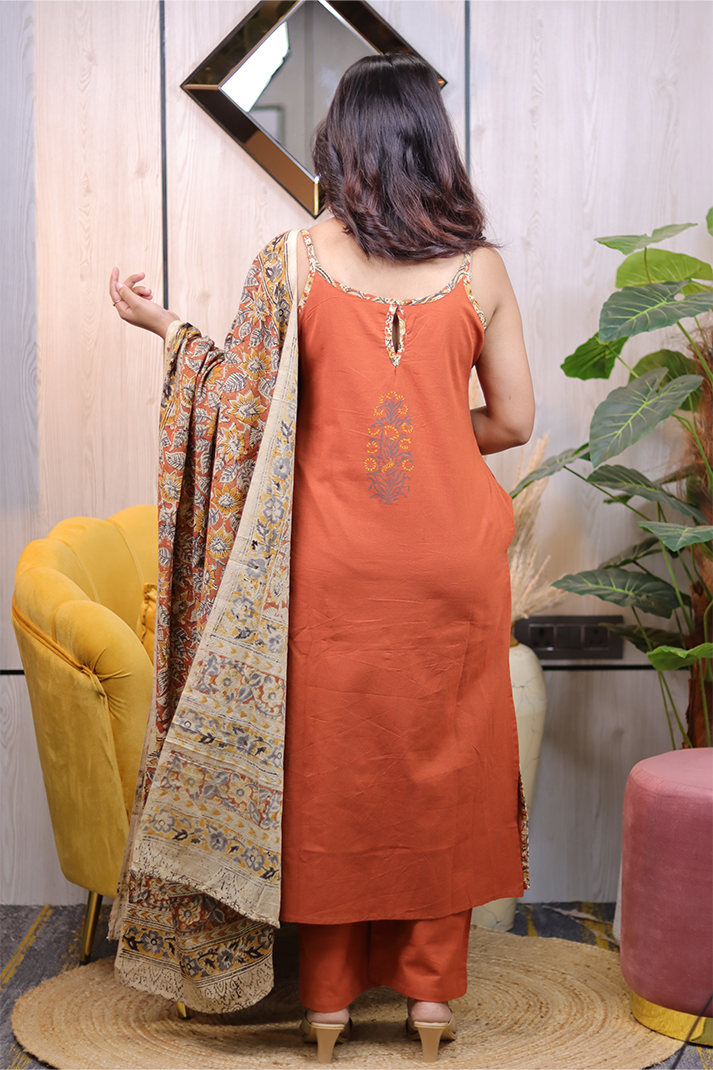 Rust Orange Cotton Kurta Set with Kalamkari Dupatta – 3 Piece Ethnic Ensemble