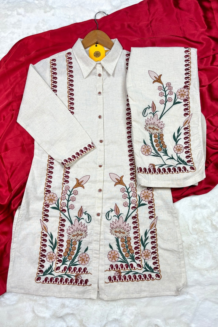 Floral Embroidery Khadi Cotton Co-ord Set