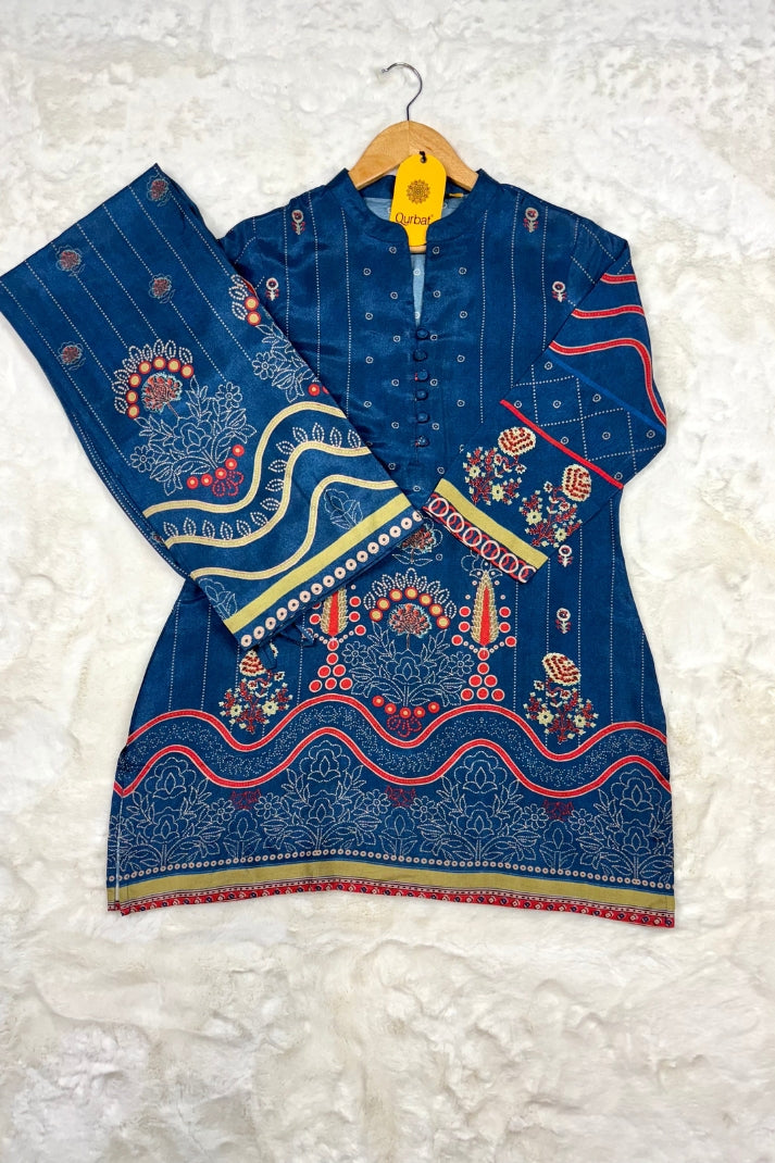 Navy Blue Muslin Co-ord Set with Intricate Floral & Geometric Print