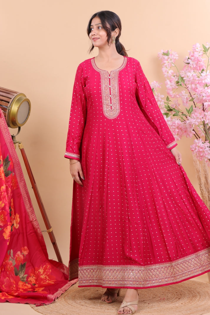 Radiant Pink Silk Anarkali Suit Set with Floral Dupatta & Intricate Embroidery