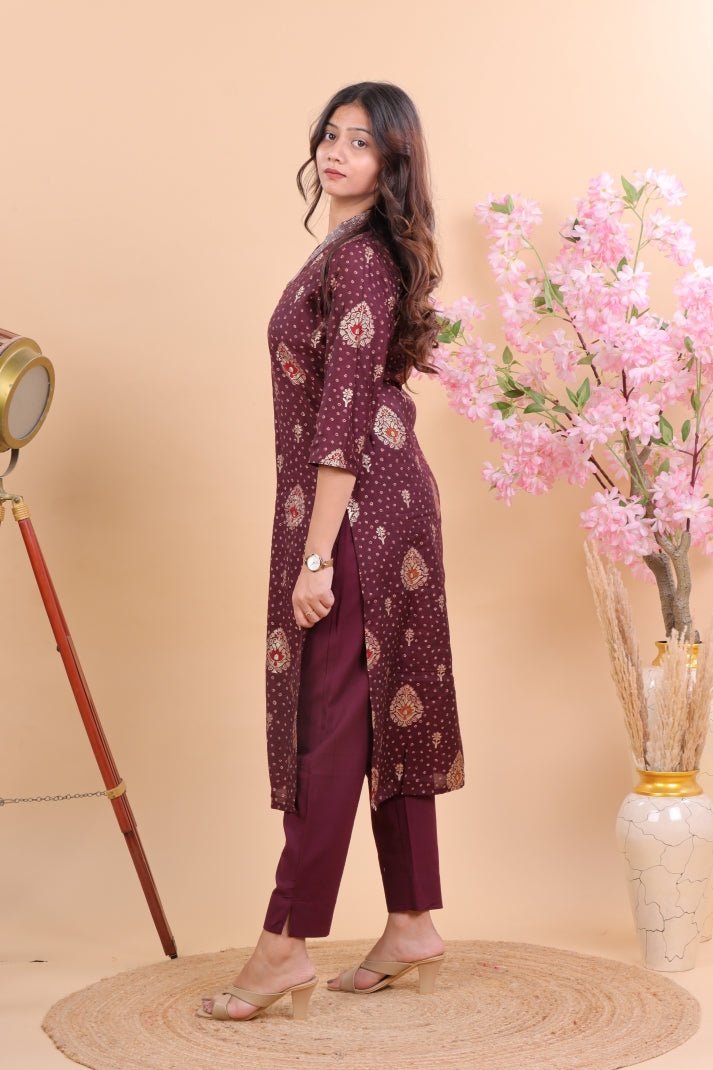 Premium Muslin Kurta & Pant Set in Wine Shade
