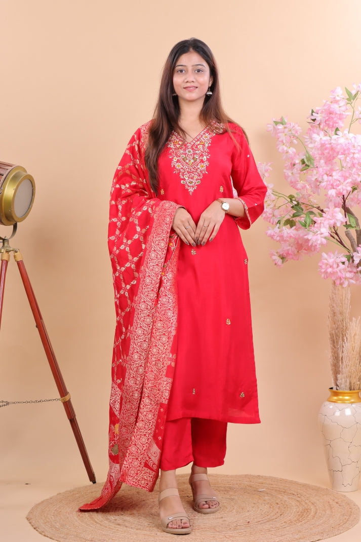 Luxury Red Silk Suit with Zari Embroidery and Dupatta