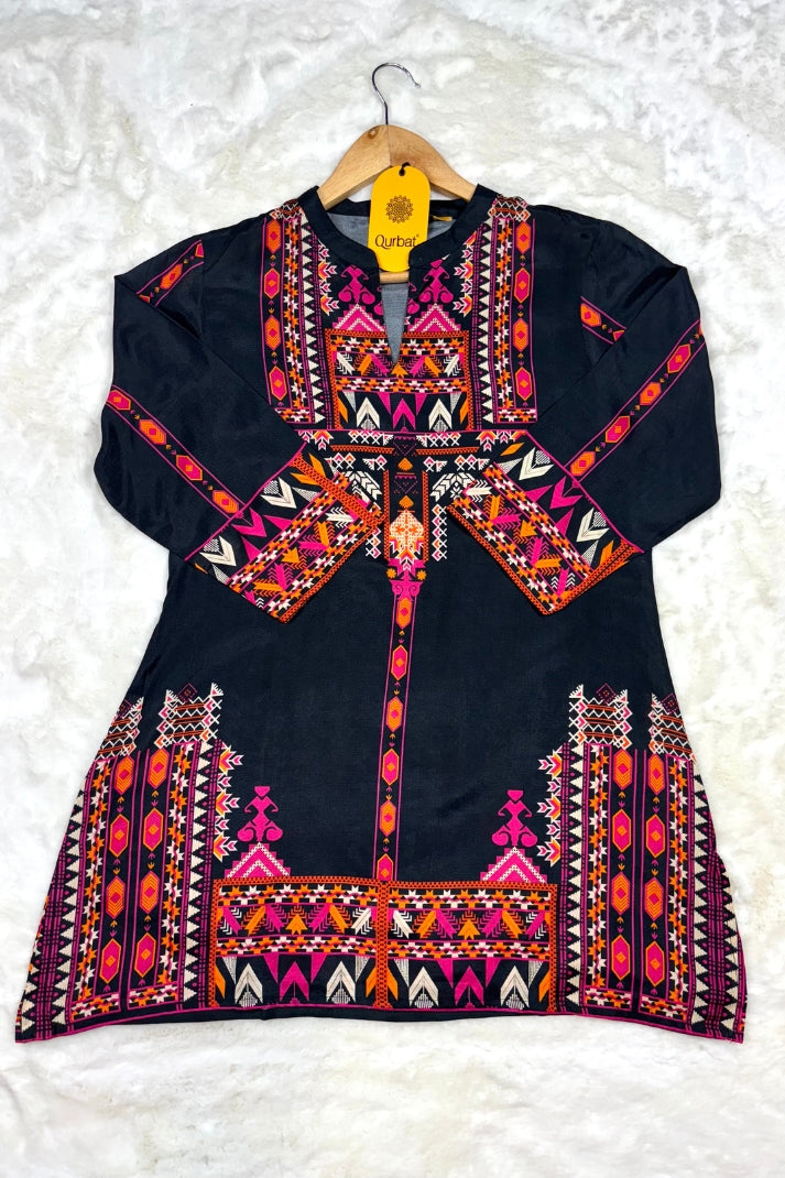 Black Muslin Co-ord Set with Multicolor Ethnic Print