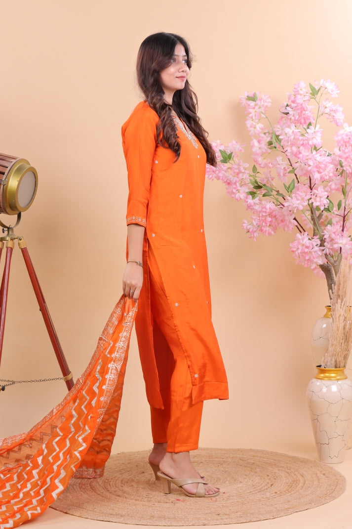 Vibrant Orange Miscos Suit Set with Embroidered Kurta & Patterned Dupatta