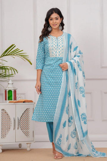 Ocean Blue Cotton Kurta Set with Delicate Yoke Embroidery & Dupatta
