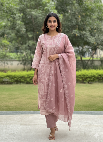 Mauve Sage Embroidered Chanderi Kurta Suit Set with Dupatta