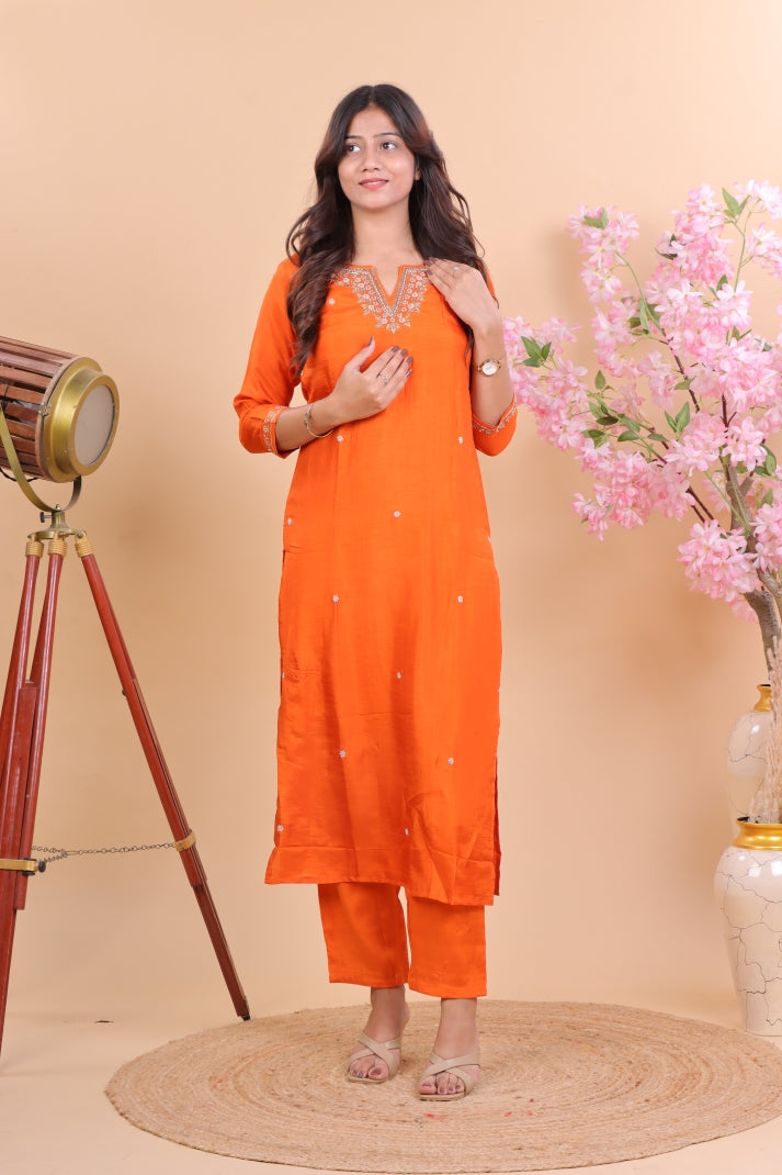 Vibrant Orange Miscos Suit Set with Embroidered Kurta & Patterned Dupatta