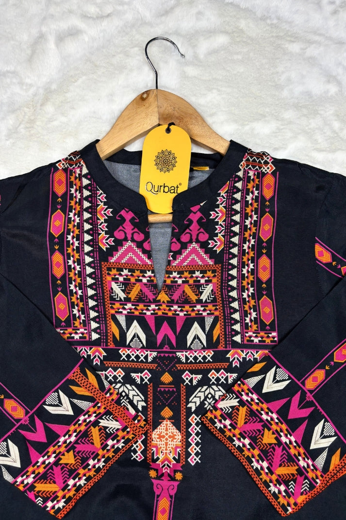 Black Muslin Co-ord Set with Multicolor Ethnic Print