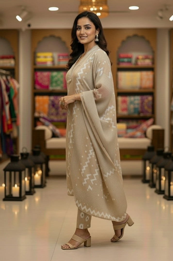 Beige Ikat Cotton Suit Set with Mulmul Dupatta – 3 Piece Elegant Ethnic Wear