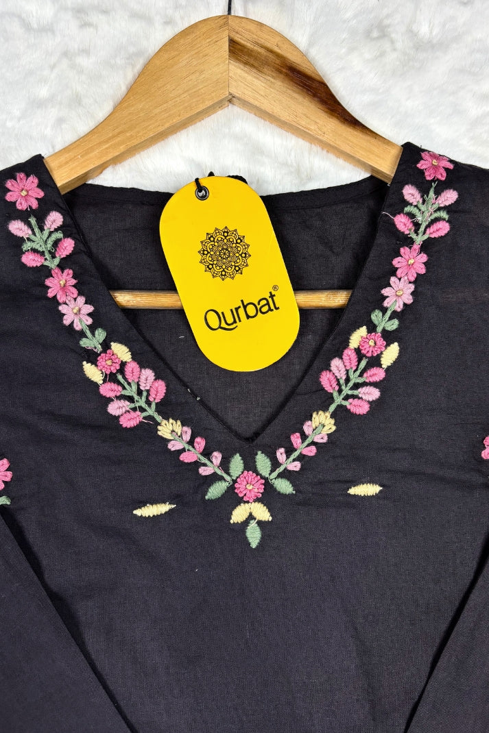 Elegant Black Cotton Embroidered 3-Piece Suit Set