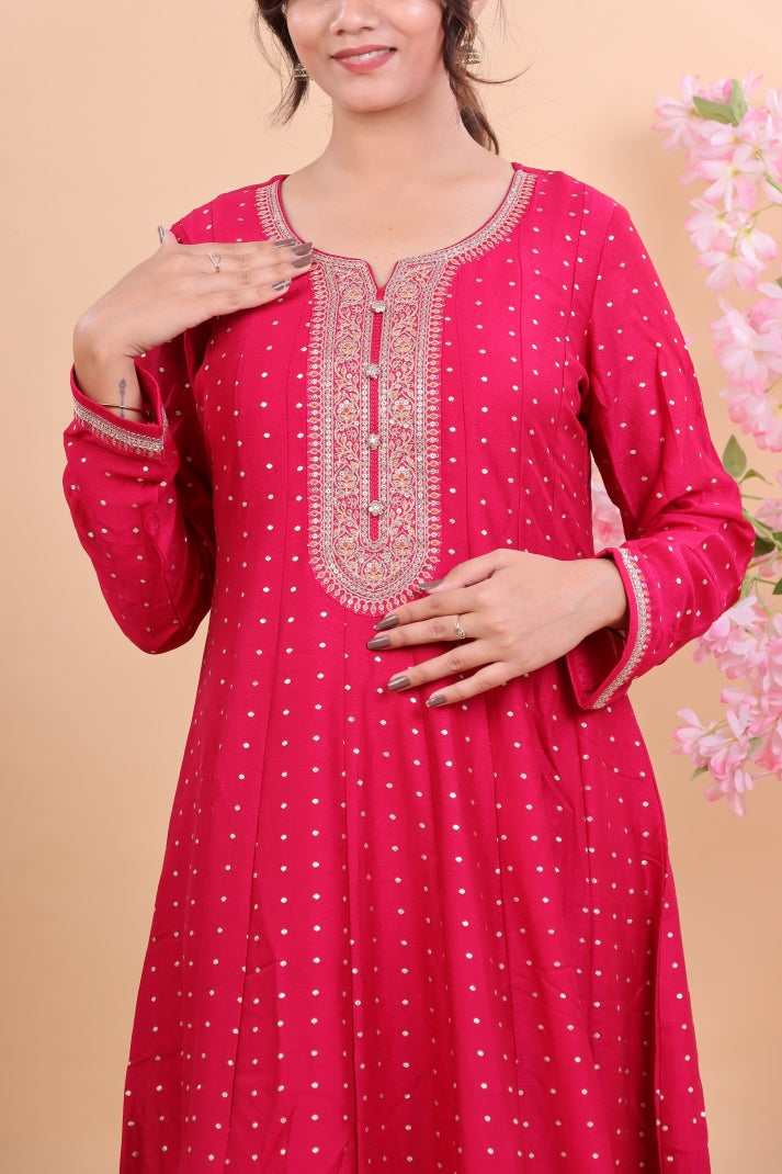 Radiant Pink Silk Anarkali Suit Set with Floral Dupatta & Intricate Embroidery