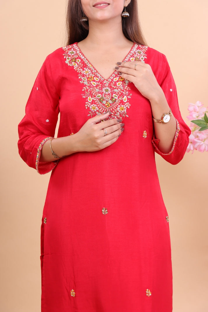 Luxury Red Silk Suit with Zari Embroidery and Dupatta