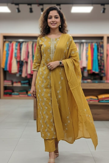 Shiffley Mustard Ethnic Kurta & Pants with Dupatta with Thread Embroidery