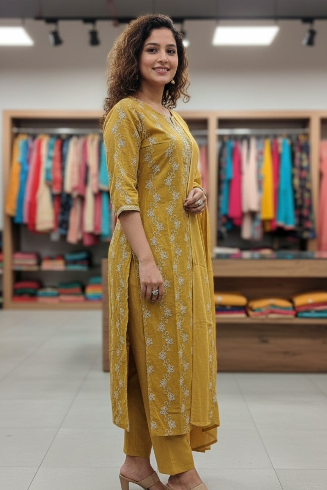 Shiffley Mustard Ethnic Kurta & Pants with Dupatta with Thread Embroidery