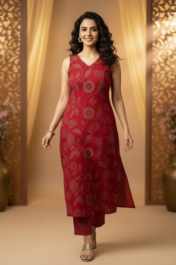 Rustic RED Cotton Co-ord Set – with Delicate Print Work