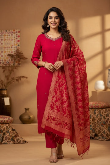 Premium Rani Pink Ethnic Suit Set with Golden Zari Embroidery