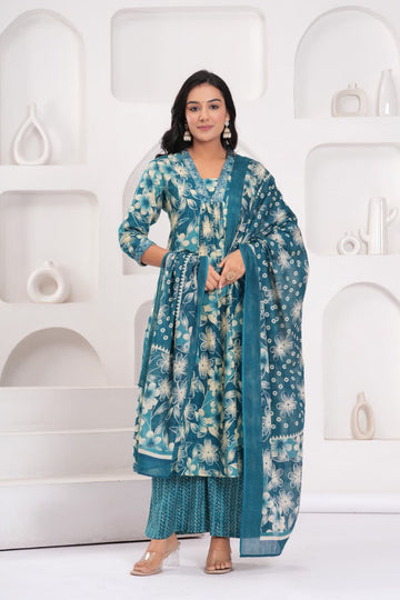 Aqua-Blue Floral Kurta Set with Palazzo & Dupatta