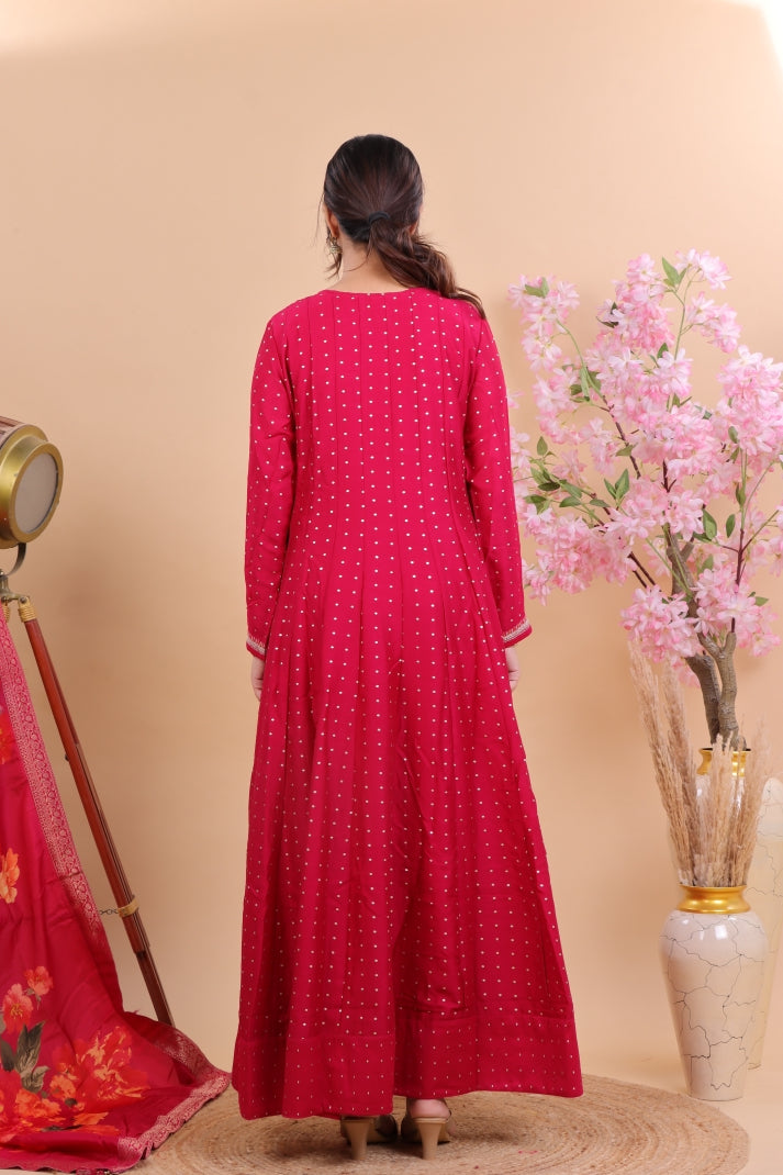 Radiant Pink Silk Anarkali Suit Set with Floral Dupatta & Intricate Embroidery
