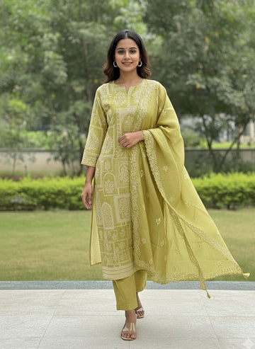 Mehndi Sage Embroidered Chanderi Kurta Suit Set with Dupatta