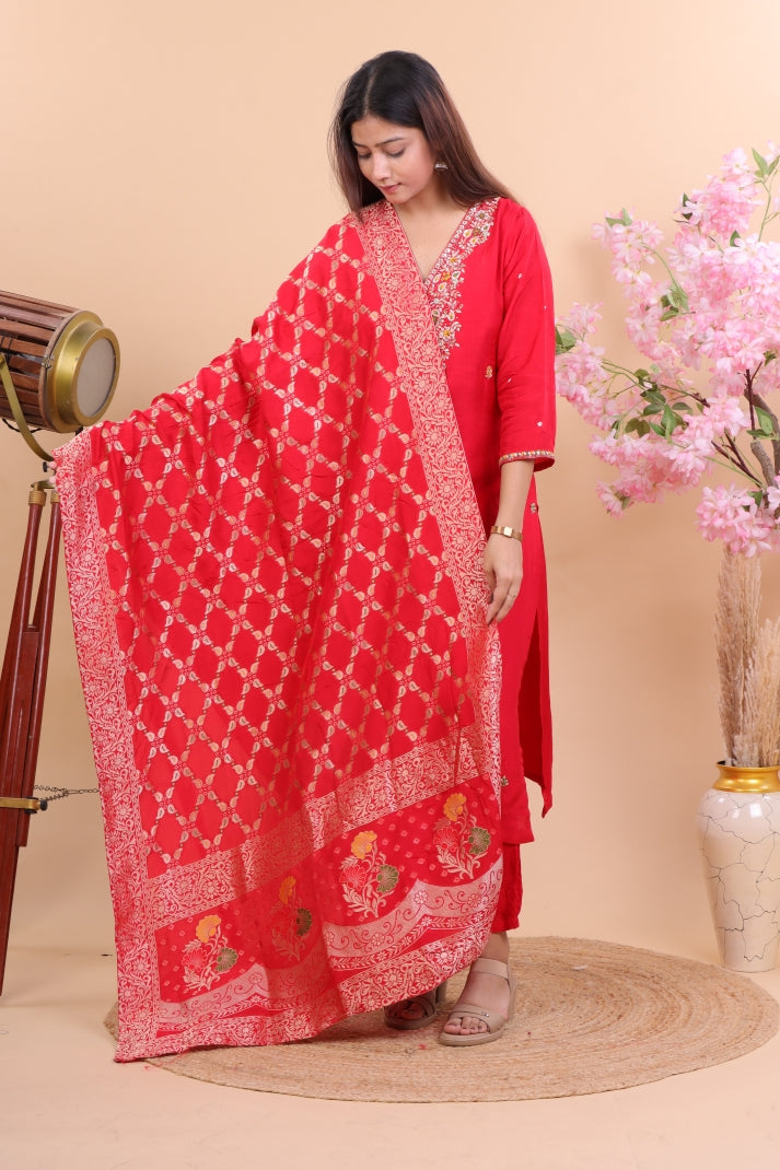 Luxury Red Silk Suit with Zari Embroidery and Dupatta