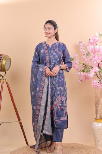 Elegant Navy Blue Cotton Embroidered Suit Set with Dupatta