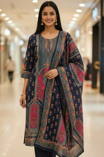 Royal Navy Blue Printed Ethnic Suit Set with Dupatta