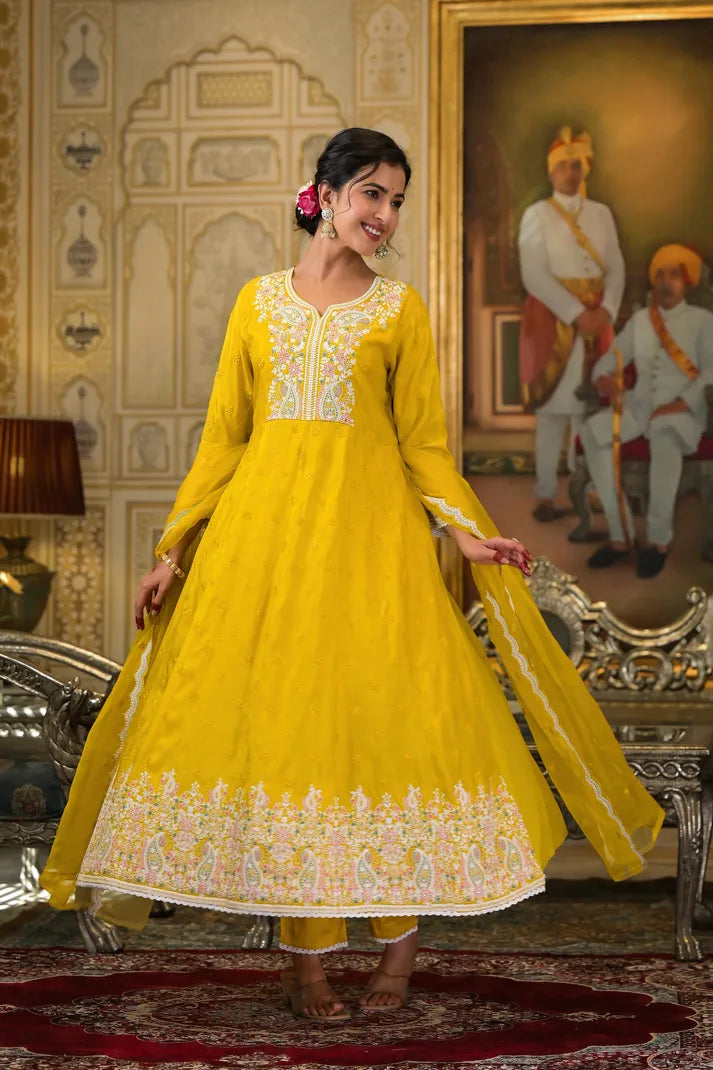 Golden Paisley Embroidered Anarkali Suit Set