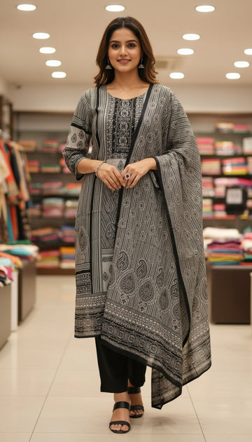 Monochrome Black & Grey Printed Suit Set with Dupatta