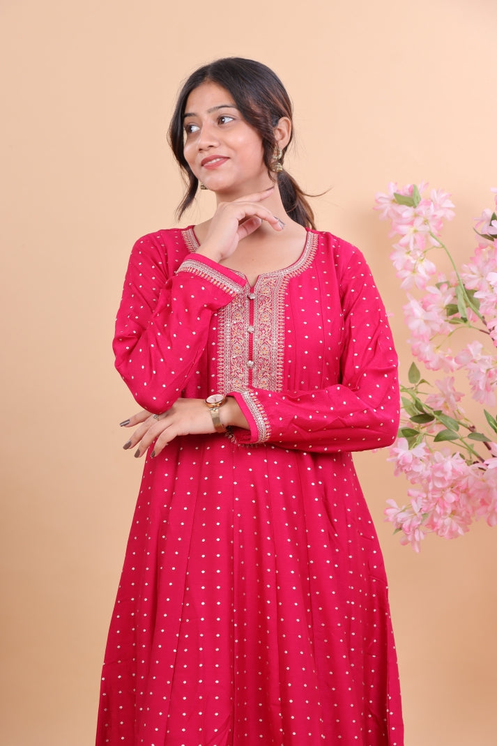 Radiant Pink Silk Anarkali Suit Set with Floral Dupatta & Intricate Embroidery