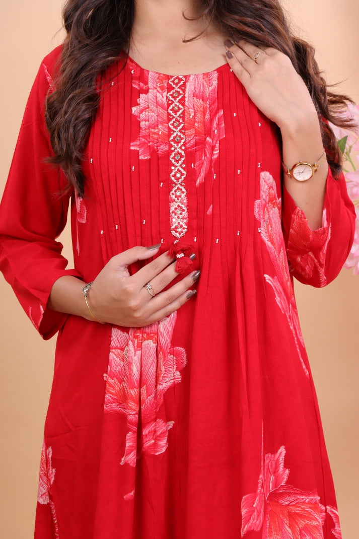 Radiant Red Rayon Floral Printed Suit Set with Dupatta