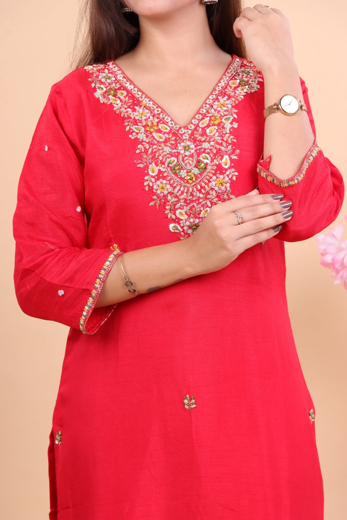Luxury Red Silk Suit with Zari Embroidery and Dupatta