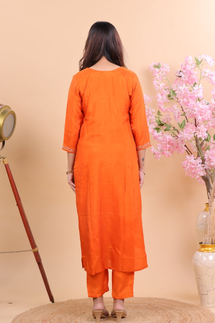 Vibrant Orange Miscos Suit Set with Embroidered Kurta & Patterned Dupatta