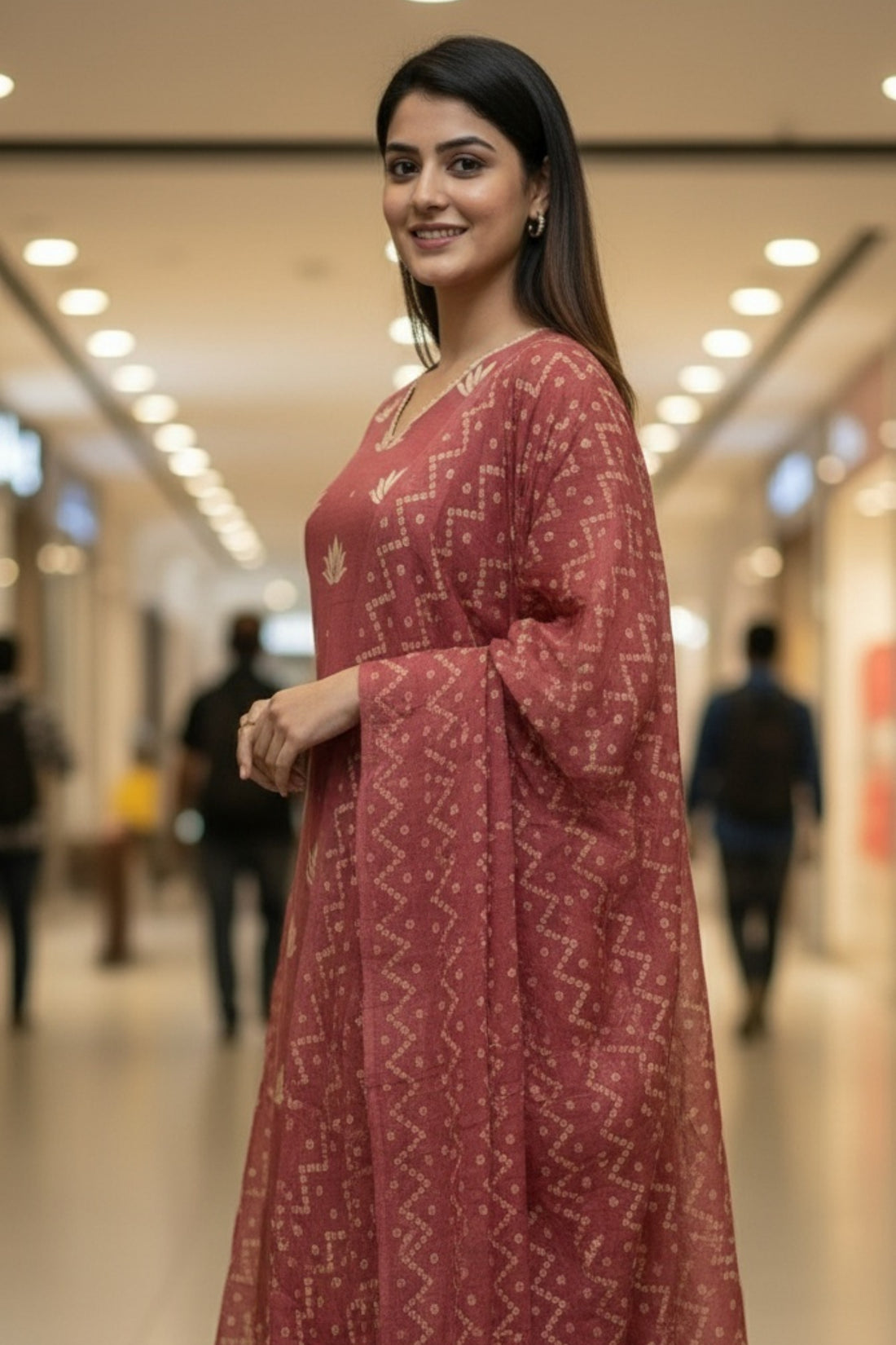 Dusty Rose Cotton Kurta Set with Golden Lotus Motifs