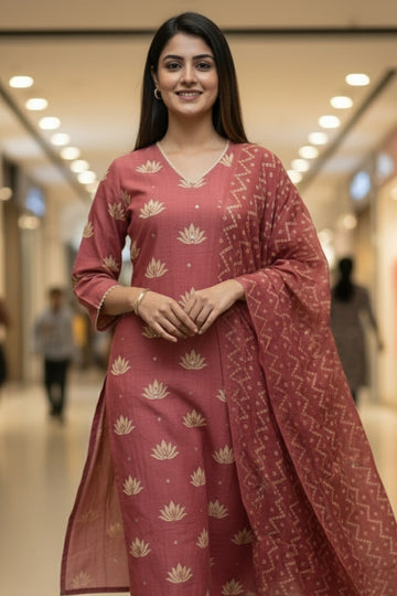 Dusty Rose Cotton Kurta Set with Golden Lotus Motifs