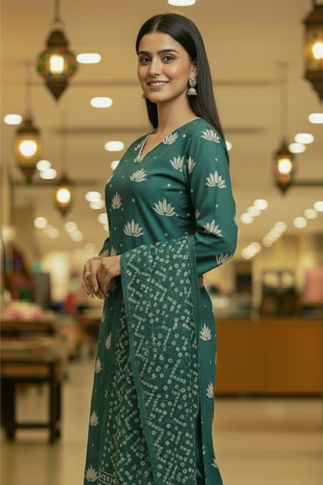 Dusty Blue Cotton Kurta Set with Golden Lotus Motifs