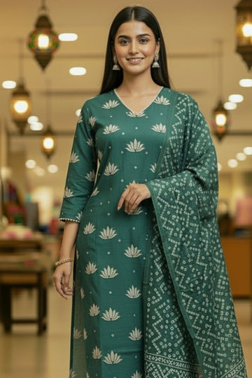 Dusty Blue Cotton Kurta Set with Golden Lotus Motifs