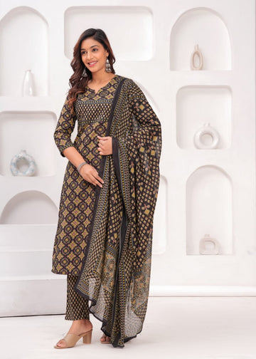 Black & Mustard Printed Kurta Set with Printed Border Dupatta