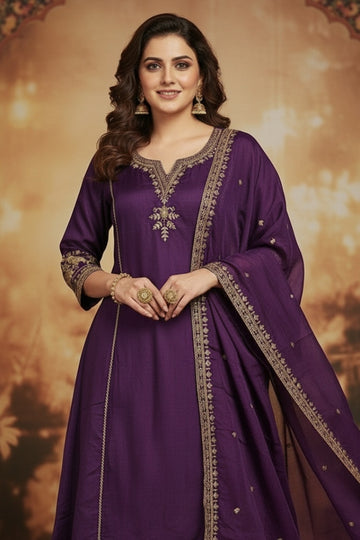 Royal Purple Kurta Set with Intricate Golden Embroidery & Dupatta