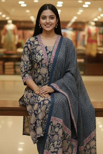Elegant Multi Color Floral Print Cotton Kurta Pant Dupatta Set