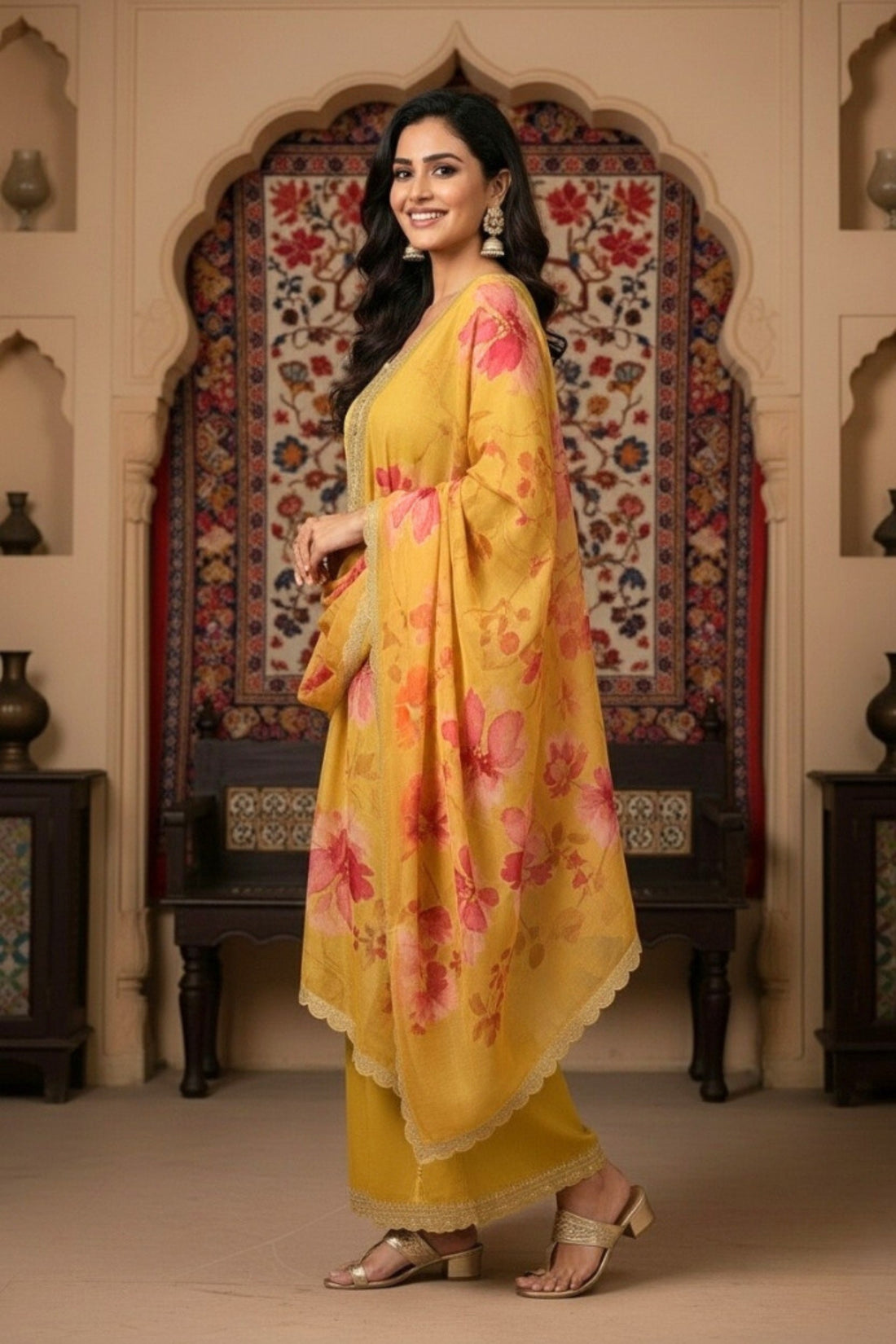Mustard Yellow Premium 3PC Ethnic Set with Embroidered Kurta & Floral Dupatta