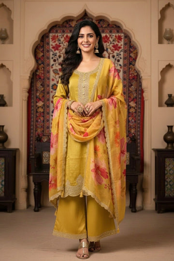 Mustard Yellow Premium 3PC Ethnic Set with Embroidered Kurta & Floral Dupatta