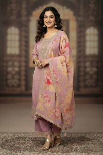 Purple Premium 3PC Ethnic Set with Embroidered Kurta & Floral Dupatta