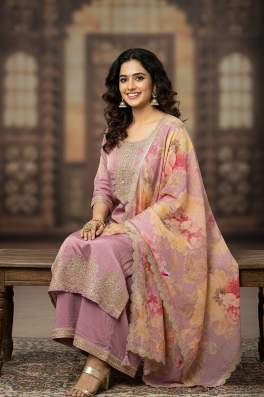 Purple Premium 3PC Ethnic Set with Embroidered Kurta & Floral Dupatta