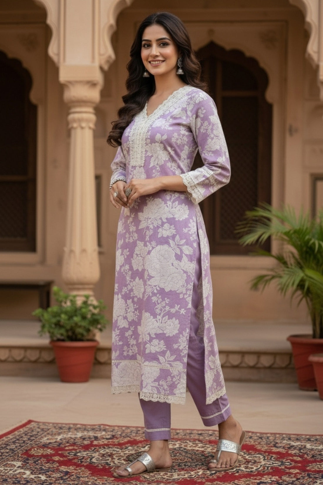 Lavender Floral Cotton Kurta Set with Crochet Lace Detailing – 2PC Set