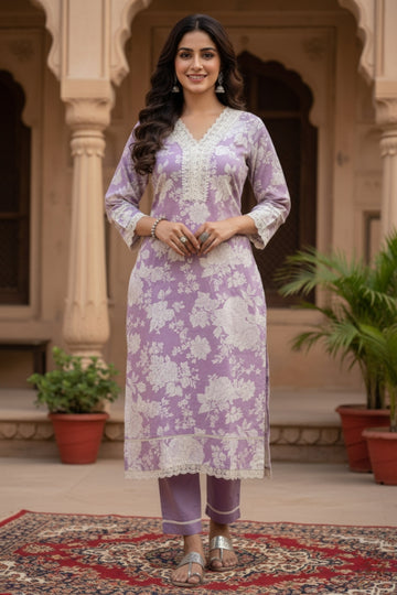 Lavender Floral Cotton Kurta Set with Crochet Lace Detailing – 2PC Set