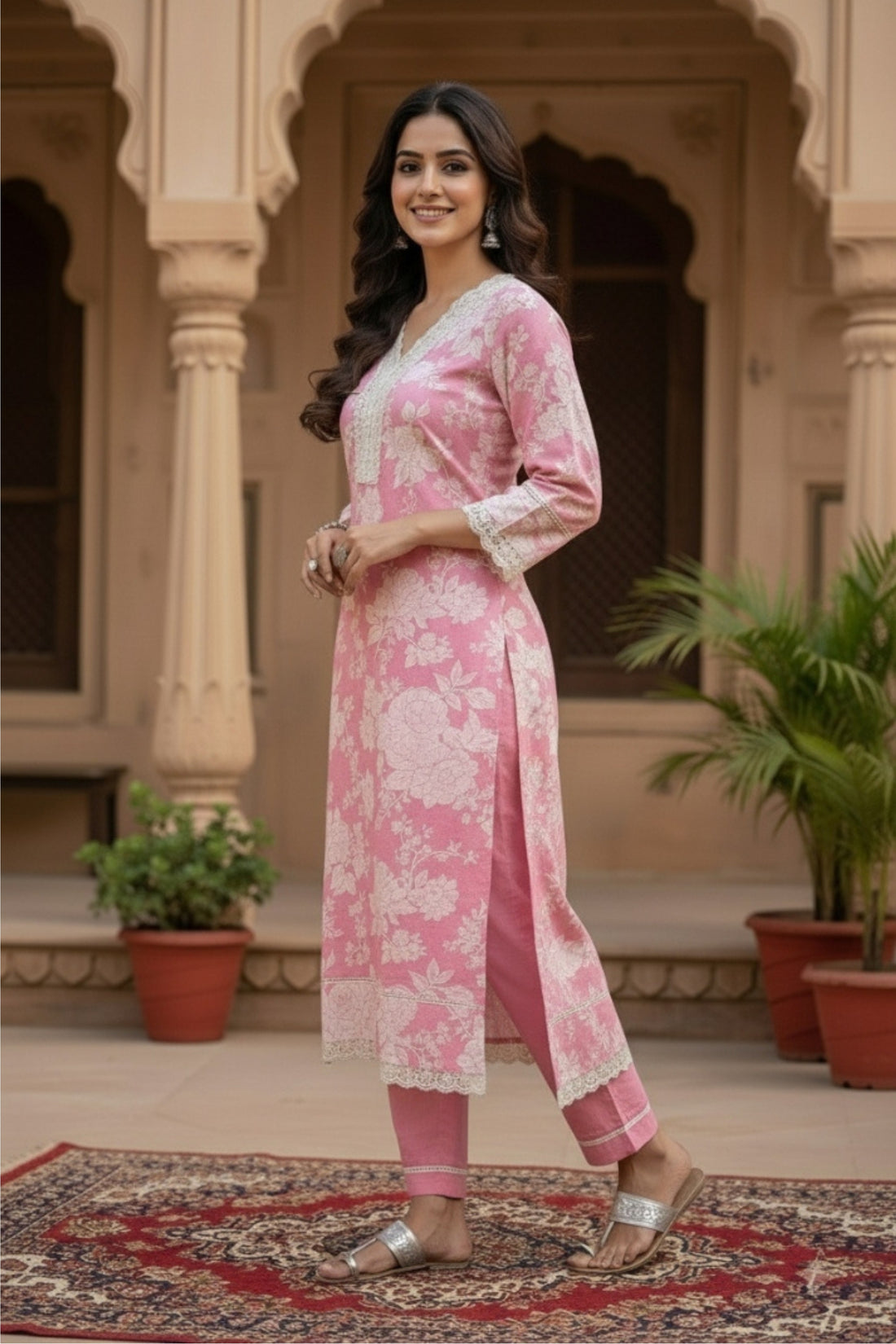 Pink Floral Cotton Kurta Set with Crochet Lace Detailing – 2PC Set