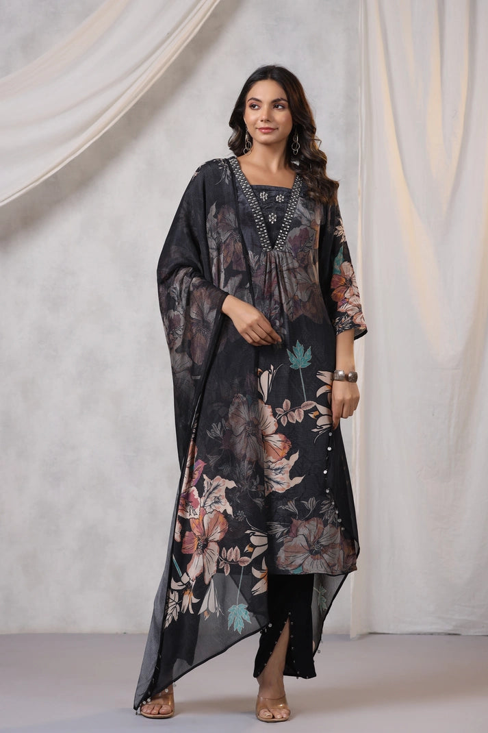 Black Crepe Digital Printed Suit Set